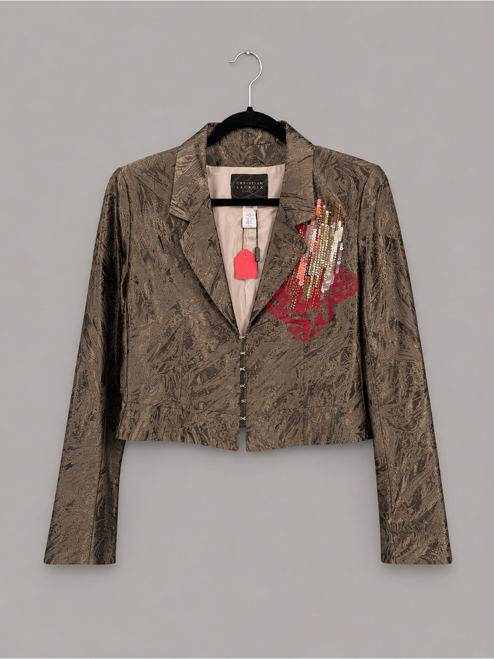 Christian Lacroix Brown Cropped Embellished Blazer with Red Bead Detail